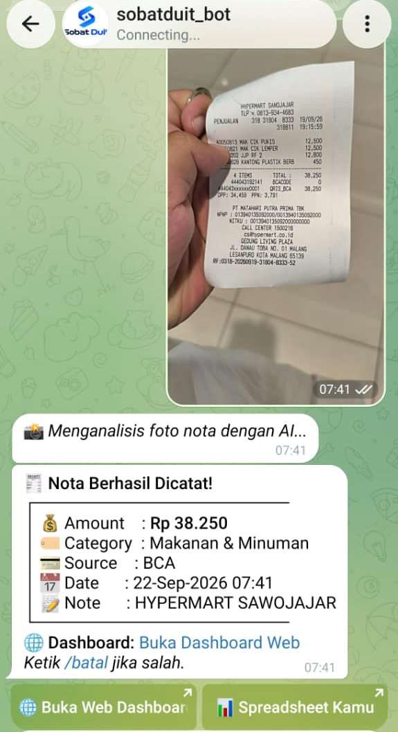 Tangkapan layar percakapan Telegram dengan bot: sebuah foto struk belanja dikirim, bot menampilkan pesan sedang menganalisis foto nota, lalu membalas kartu Nota Berhasil Dicatat berisi Amount Rp 38.250, Category Makanan dan Minuman, Source BCA, Date 22-Sep-2026 07:41, dan Note HYPERMART SAWOJAJAR.